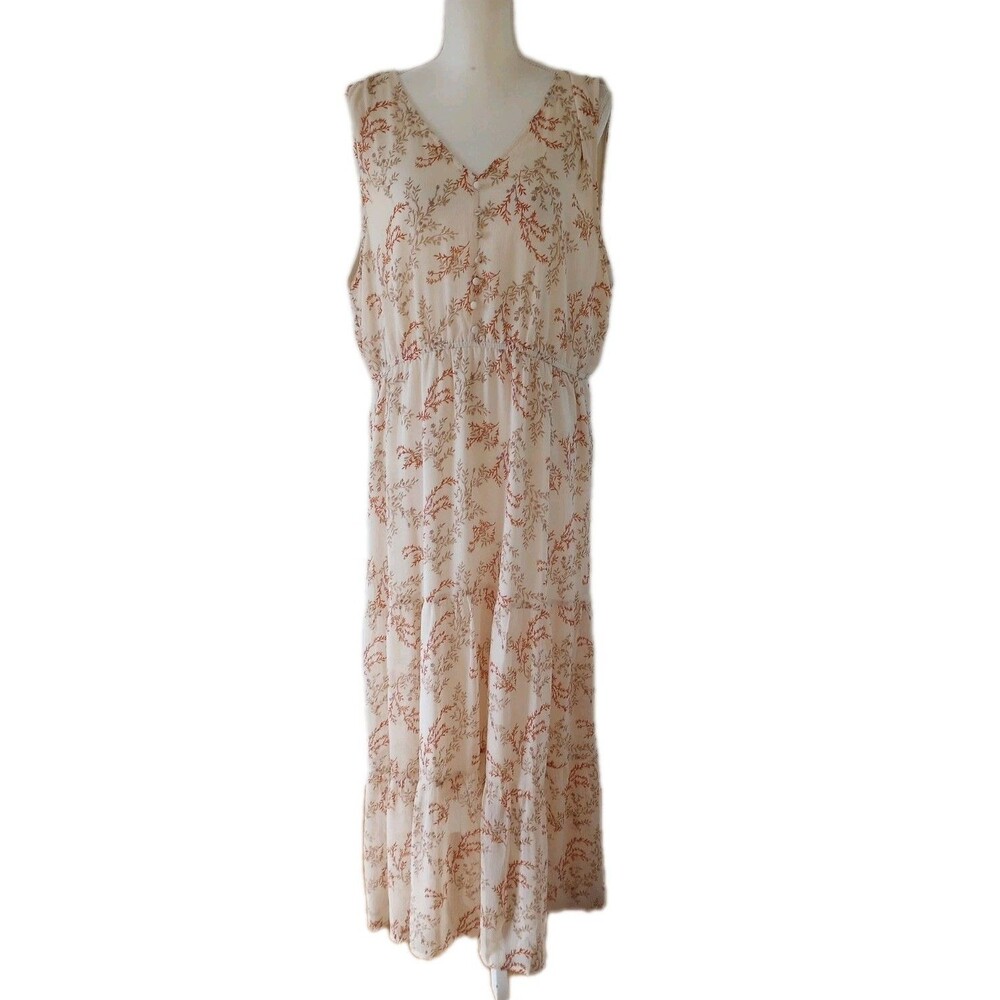 Impressions Maxi Dress 3X Tan Floral Boho Prairie Peasant Cottagecore Tiered NWT